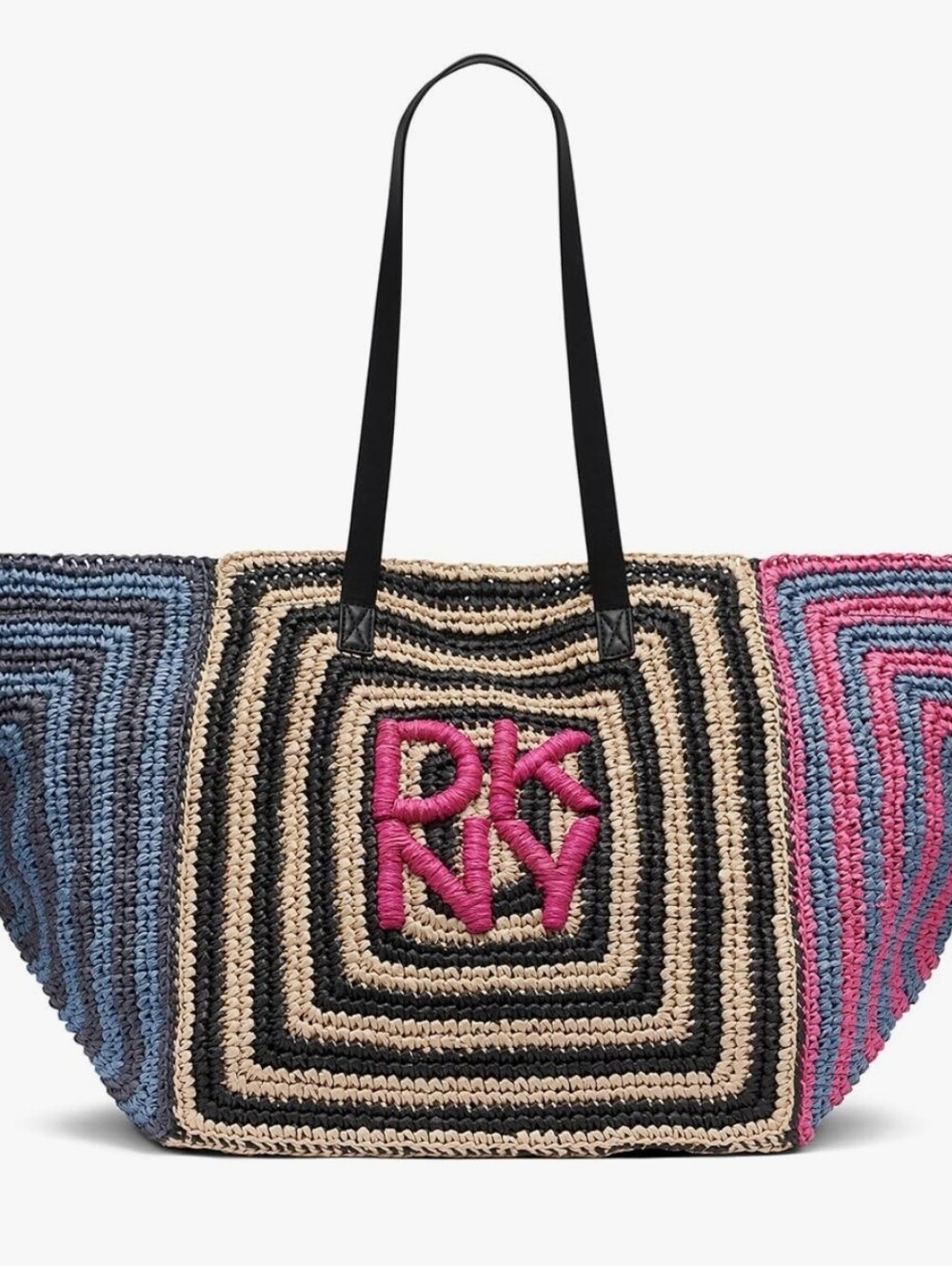 DKNY Striped Crochet Straw Tote with Pink Logo and Blue Accent